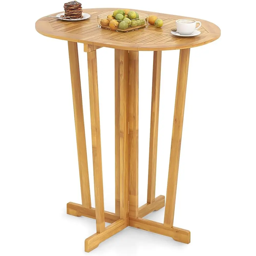 Oval Teak Patio Bar Table, Slatted Design for Backyard, Poolside, or Porch