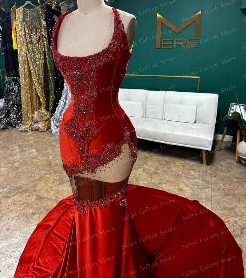 Luxuied Long Mermaid Dress Red Velvet O-neck Appliques Seuqins Woman Clothes See Through Open Back Evening Dresses Floor Length