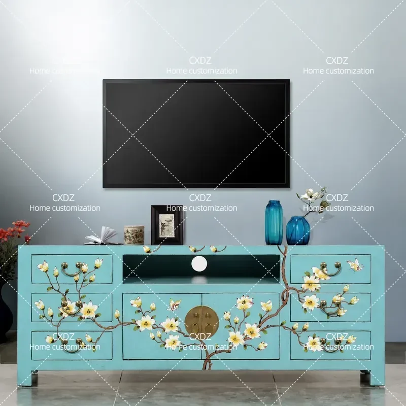 New Chinese Style Solid Wood Elm TV Cabinet Hand Painted Flowers Birds Antique Simple Living Room Storage Floor Audio Visual