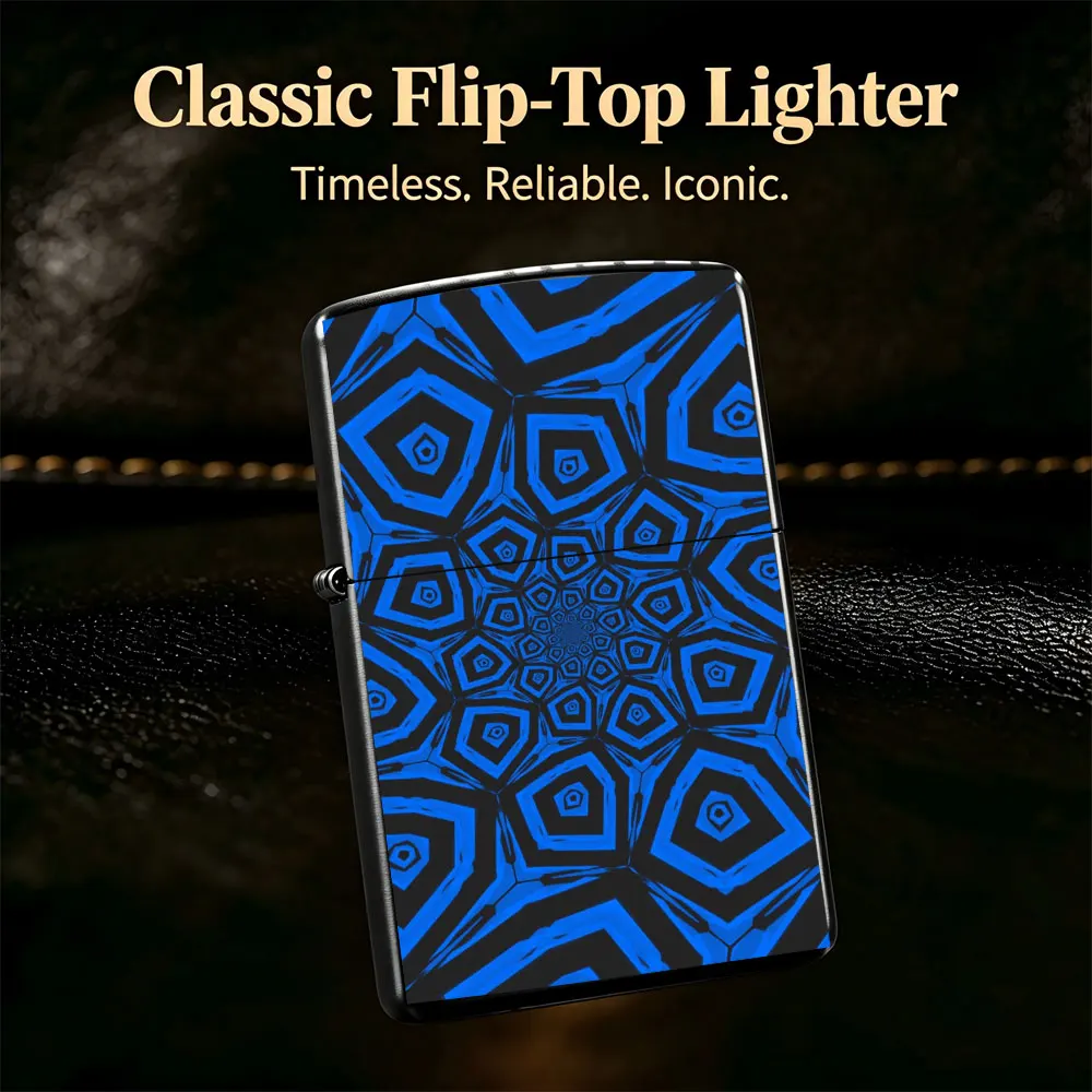 Pocket Lighter, Flip-Top Windproof Design, Blue and Black Abstract Print Metal Case, Comfortable Grip, Durable and Reliable