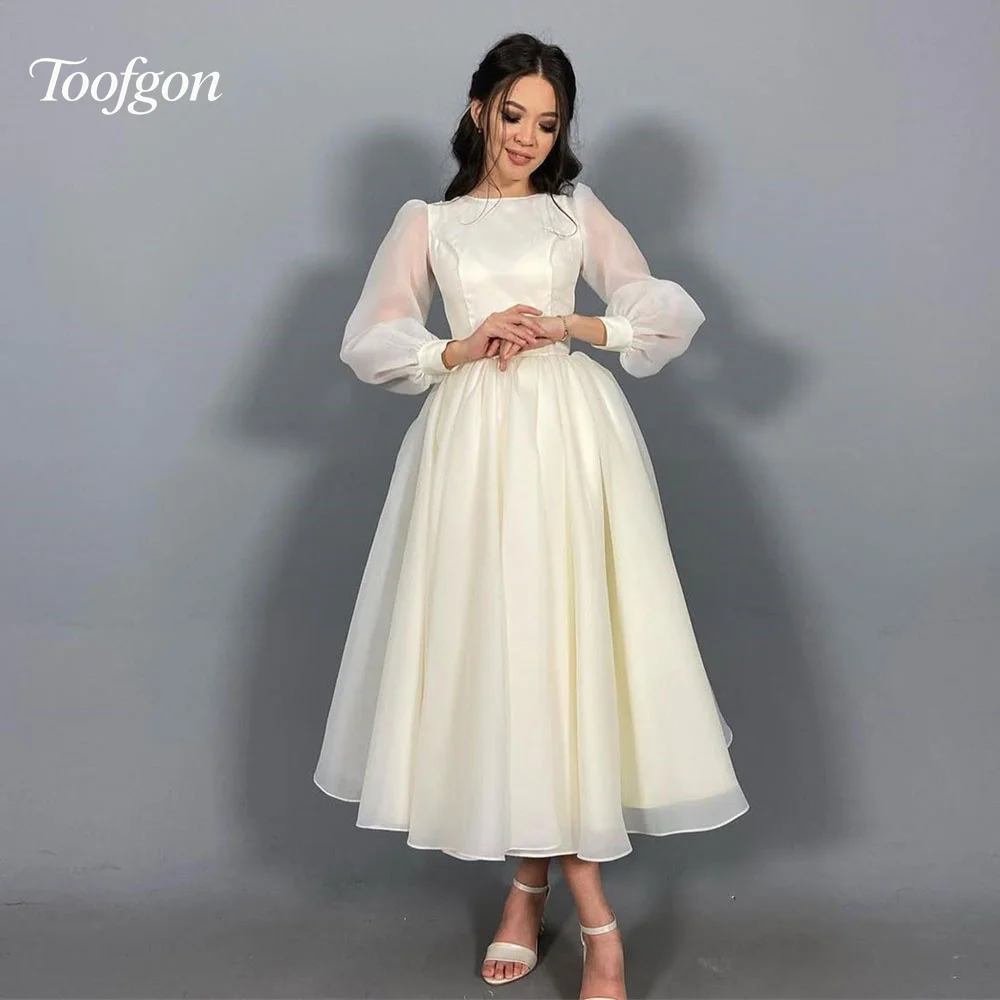 

Toofgon Customized Modest Long Sleeve A Line Wedding Dresses Puff Sleeve Bride Gown Tea Length Draped Organza Bridal Party Dress