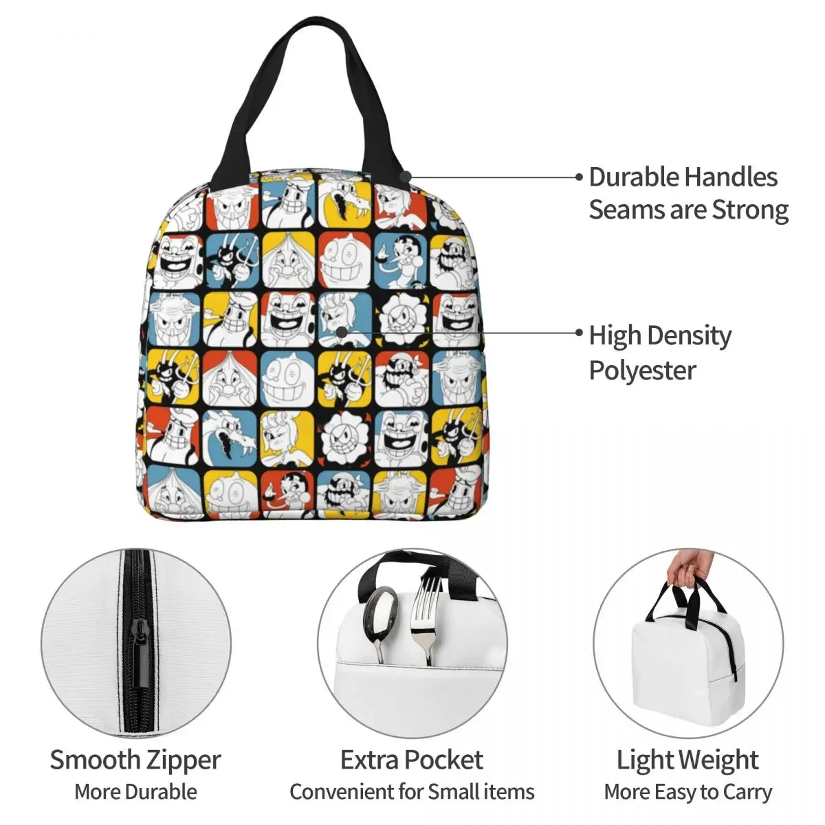 The Cuphead Collage Insulated Lunch Bag Thermal Bag Reusable Game Anime Portable Tote Lunch Box for Men Women Office Travel