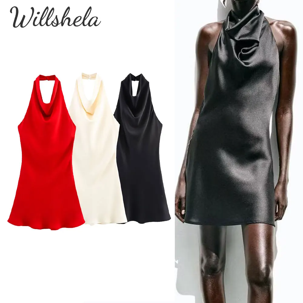 

Willshela Women Fashion Satin Backless Mini Camisole Dress Halter Neck Sleeveless Female Chic Lady Casual Mujer Short Vestidos