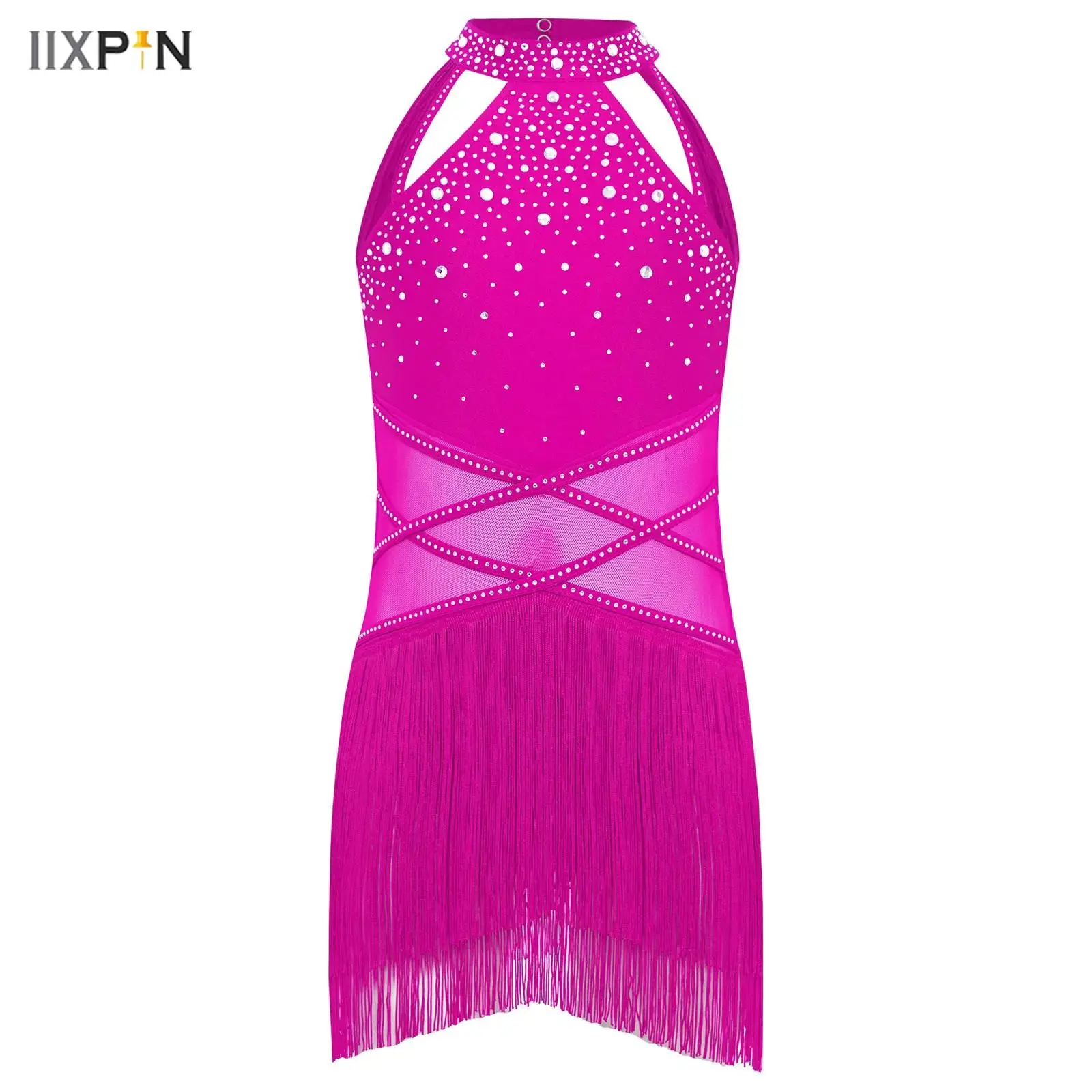 

Kids Girls Latin Jazz Dance Dress Sparkly Rhinestones Sheer Mesh Strappy Backless Tassel Dress Samba Cha-cha Performance Costume