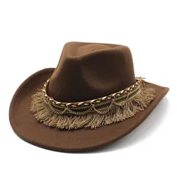 Cowboy Hat For Women And Men Tassels Jazz Cap Woolen 57-58cm Ethnic Style Curved Brim High Quality Cowgirl NZ0062