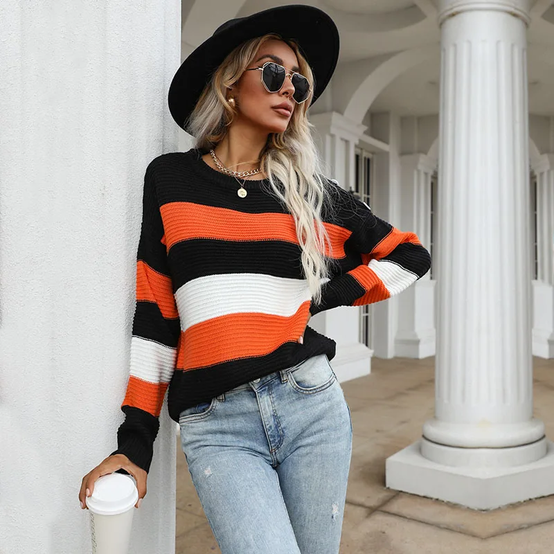 

Woman Sweaters Knitted Pullover Women Spring Autumn Sweater O-Neck Long Sleeve Patchwork Pullover AA4560