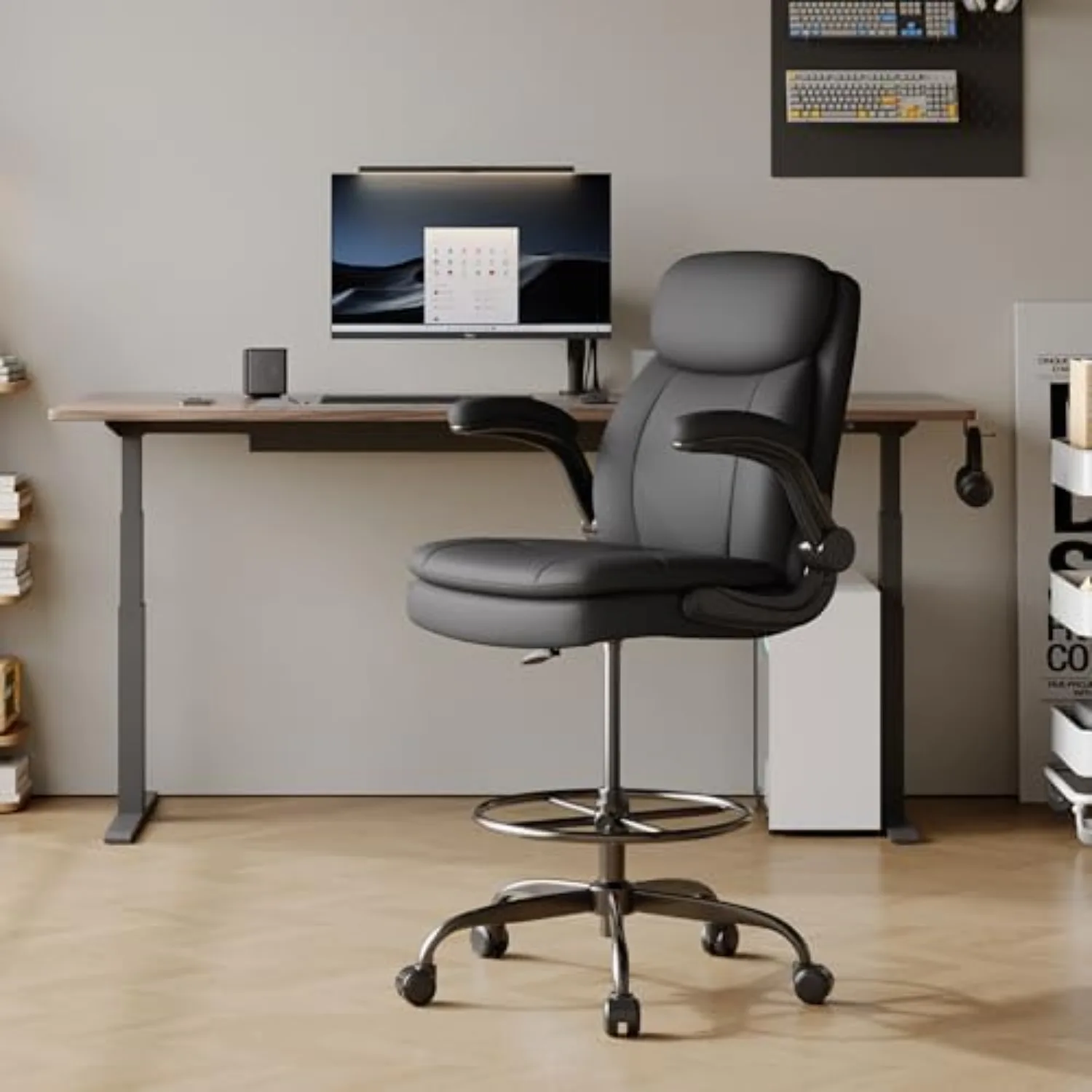 Drafting Chair, Tall Office Chair for Standing Desk, High Leather Executive Office Chair with Adjustable Height and