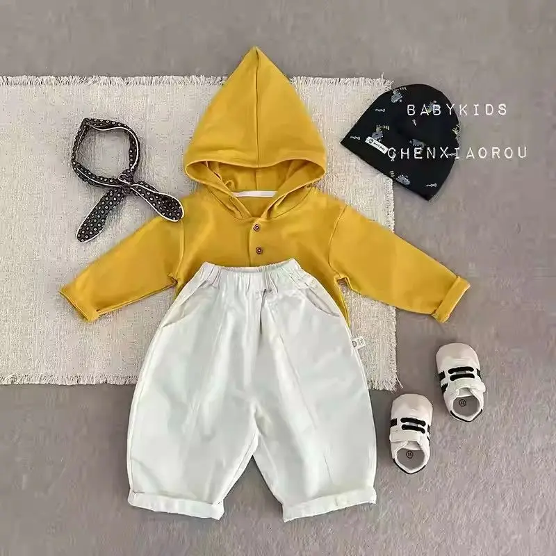 Male Baby Spring and Autumn Avocado Green Hoodie, Curved Knife Casual Pants Set, Baby Outing Two Piece Set
