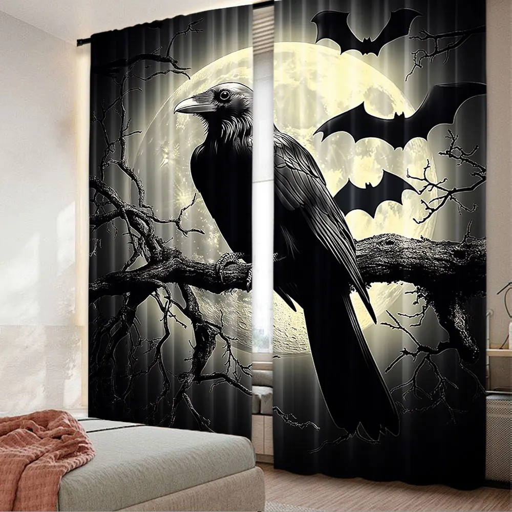 2Pcs Halloween Raven Curtain Scary Crow Full Moon Night Black Bat Spooky Misty Forest Decor Curtains Suitable For Living Room