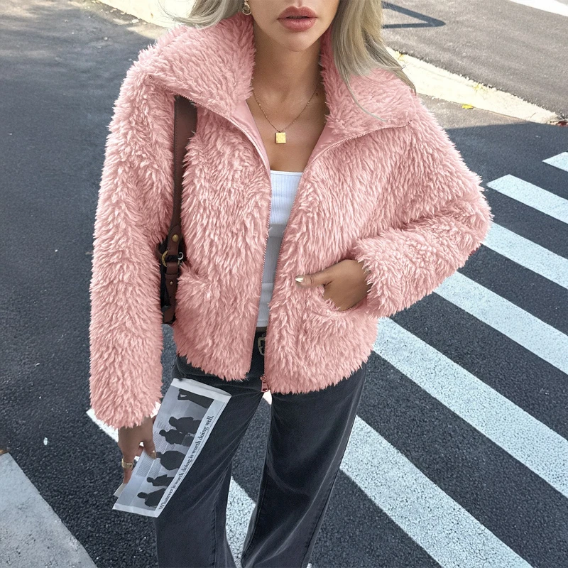 

Winter Simple Fur Long-sleeved Coat Women's Solid Color Elegant Zipper Coat Women's Clothing