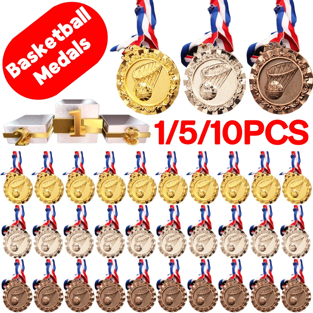 1/5/10PCS Basketball Medals Gold/Silver/Bronze Medals with Neck Ribbon 6.5cm Sport Game Award Medal for Basketball Game Prizes