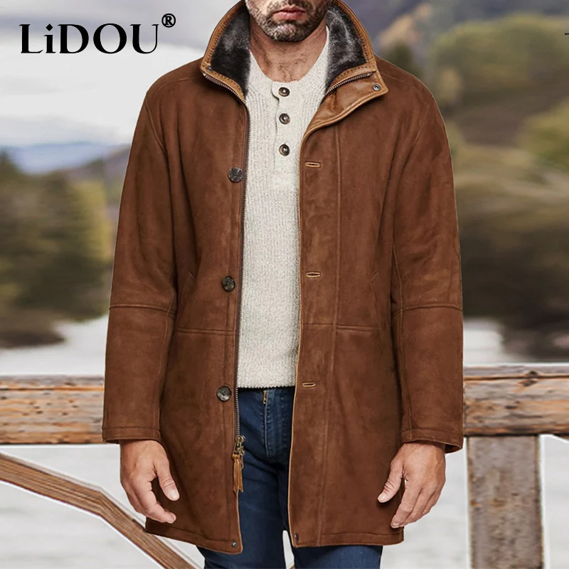 Autumn Winter Solid Fashion Casual Mid-length Woolen Coat Male Long Sleeve Loose Oversized Jackets Man Keep Warm Gentmen Clothes