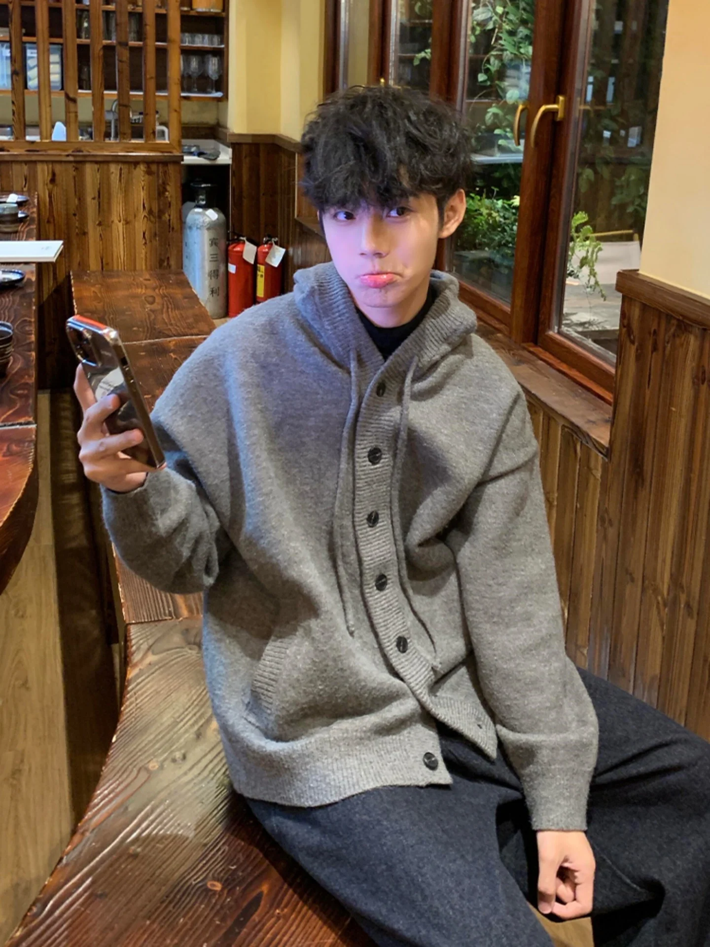 

Light ey American Sle Hooded Knit Sweater Men's Thiened Casual Coat Winter Leisure High Premium Feeling Open Cardigan