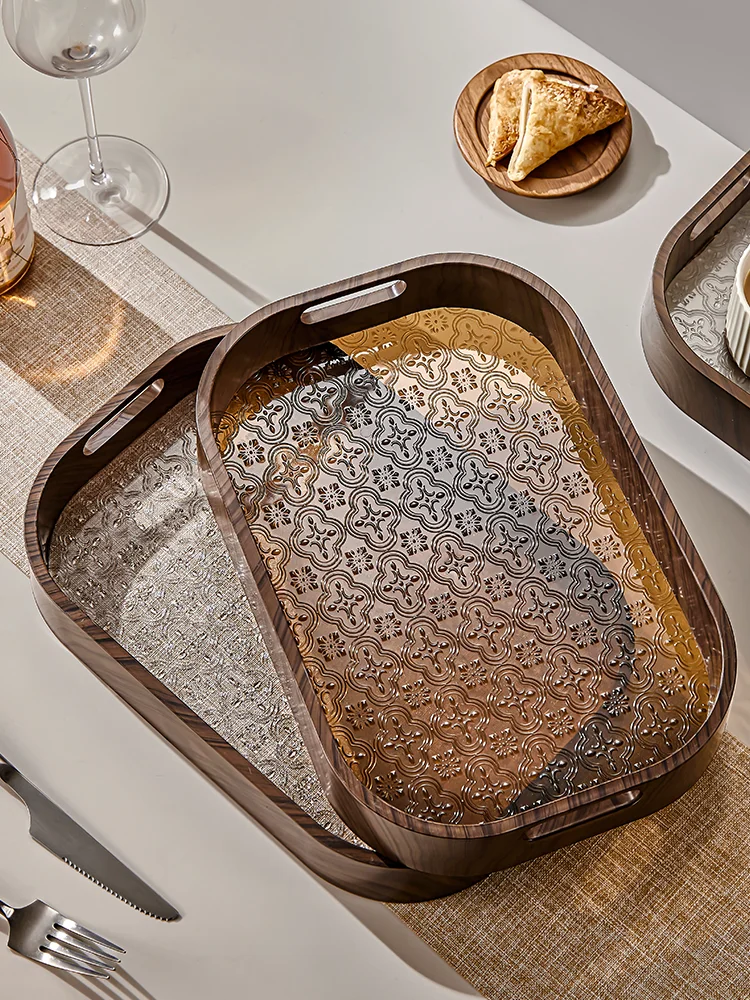 

Retro Long Rectangle Plastic Plate Hibiscus Flower Tray Storage Cup Tea Cup Plate High-End Feels Dining Plate Home Use