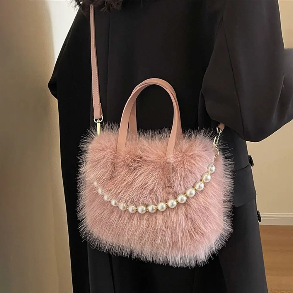 Fashion Furry Shoulder Messenger Bag Long Plush Large Capacity Faux Fur Handbag Pearl Chain Commuting Bag for Women Girls