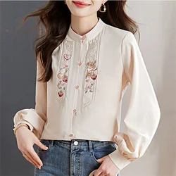 Chinese Shirt Women Blouses Embroidered Button CardiganTop Long Sleeved Shirt for Woman High-end Blous Stand Retro Femme Shirts