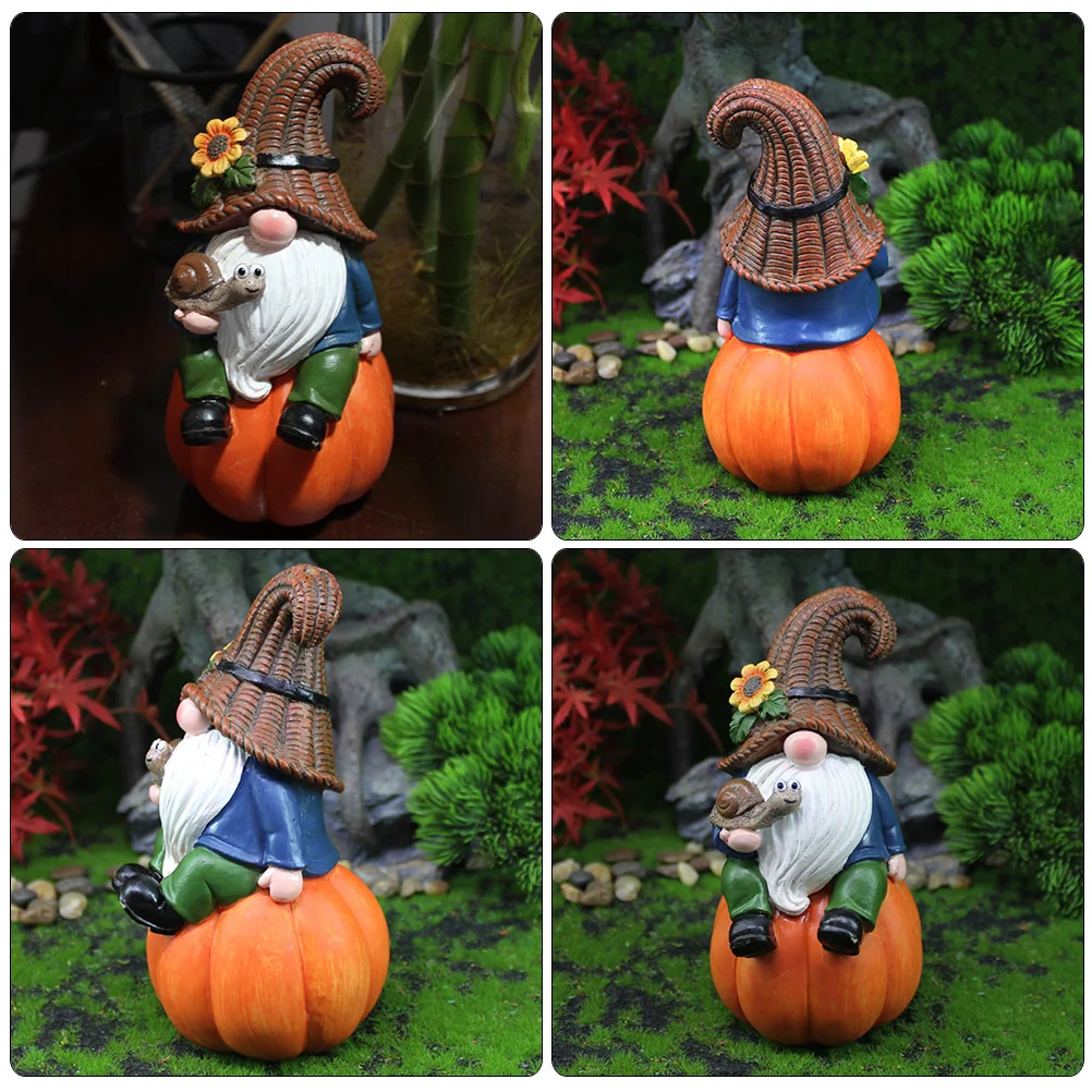 Gnome Statue Garden Gnome Figurine Gnome Sitting On Pumpkin Sculpture Autumn Harvest Yard Gnome Ornament Figurine HalloweenDecor