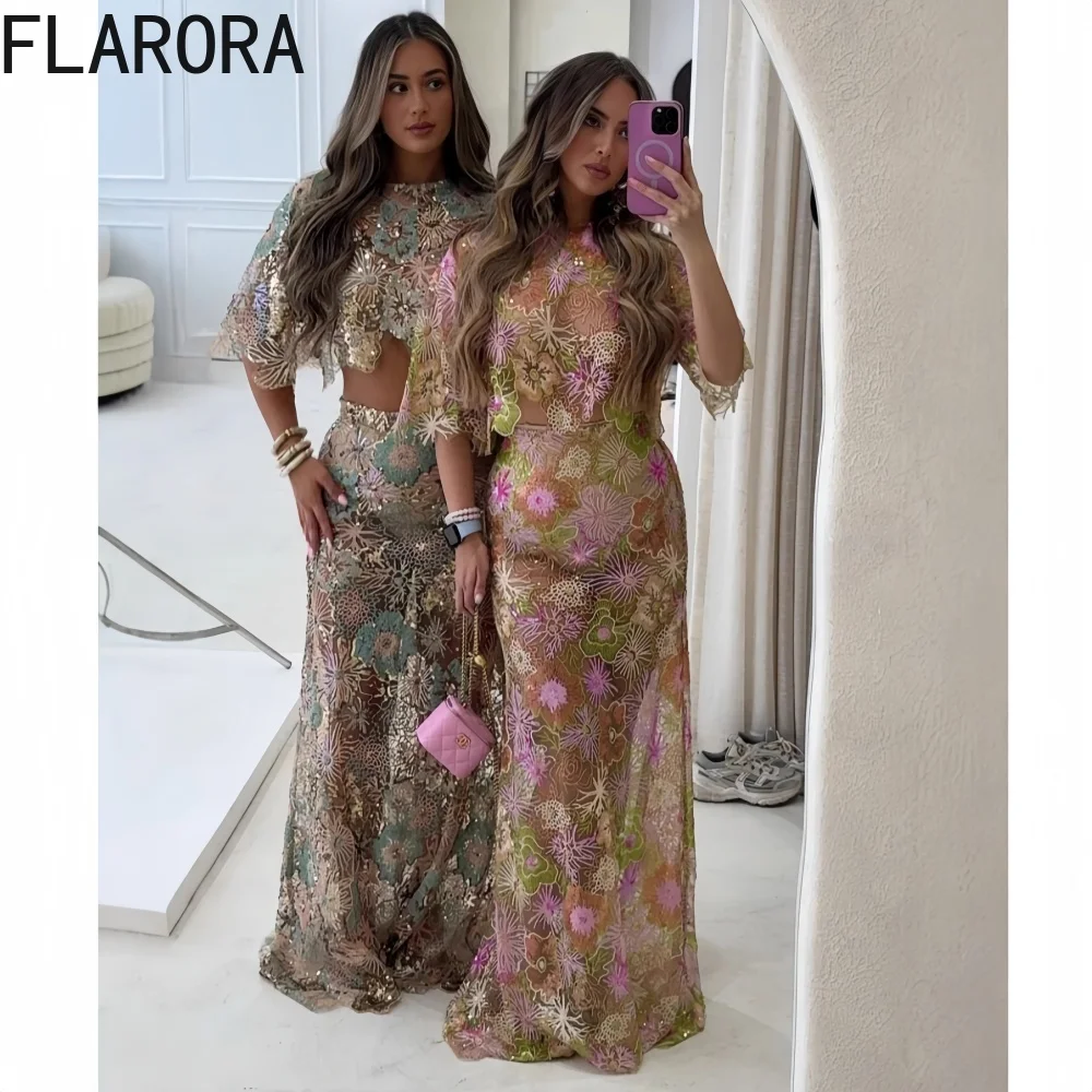 

FLARORA Luxury Embroidery Sequin Dress 2 Pcs Sets Woman O Neck Half Sleeve Crop Tops And Floor Skirts Outfits Birthday Partywear