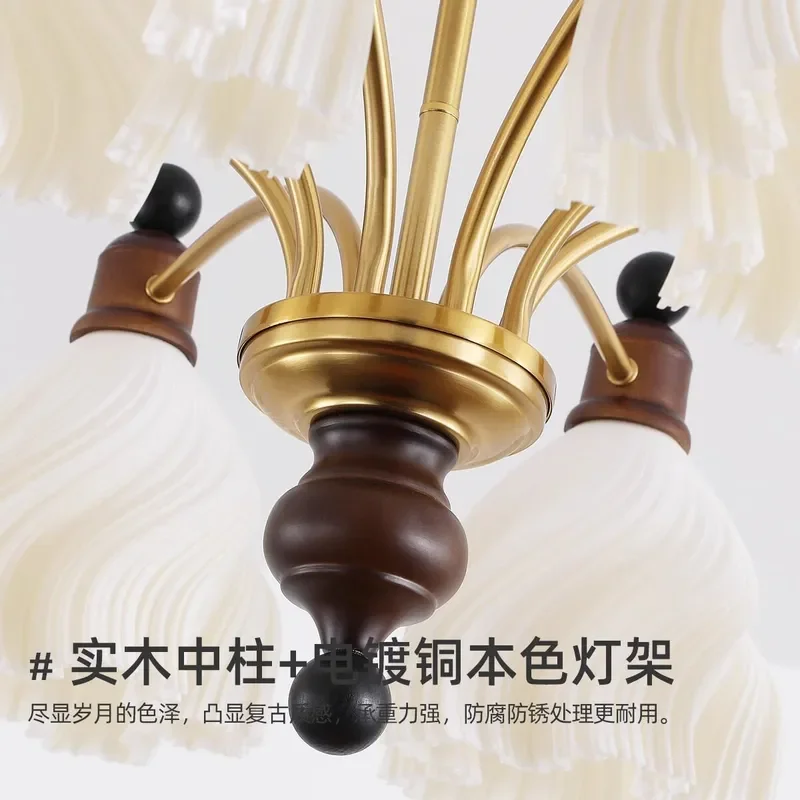 French Medieval Wabi Sabi Chandelier Solid Wood Cream Retro Pendant Light Eye Care Fixture for Living Room Dining Area Decor