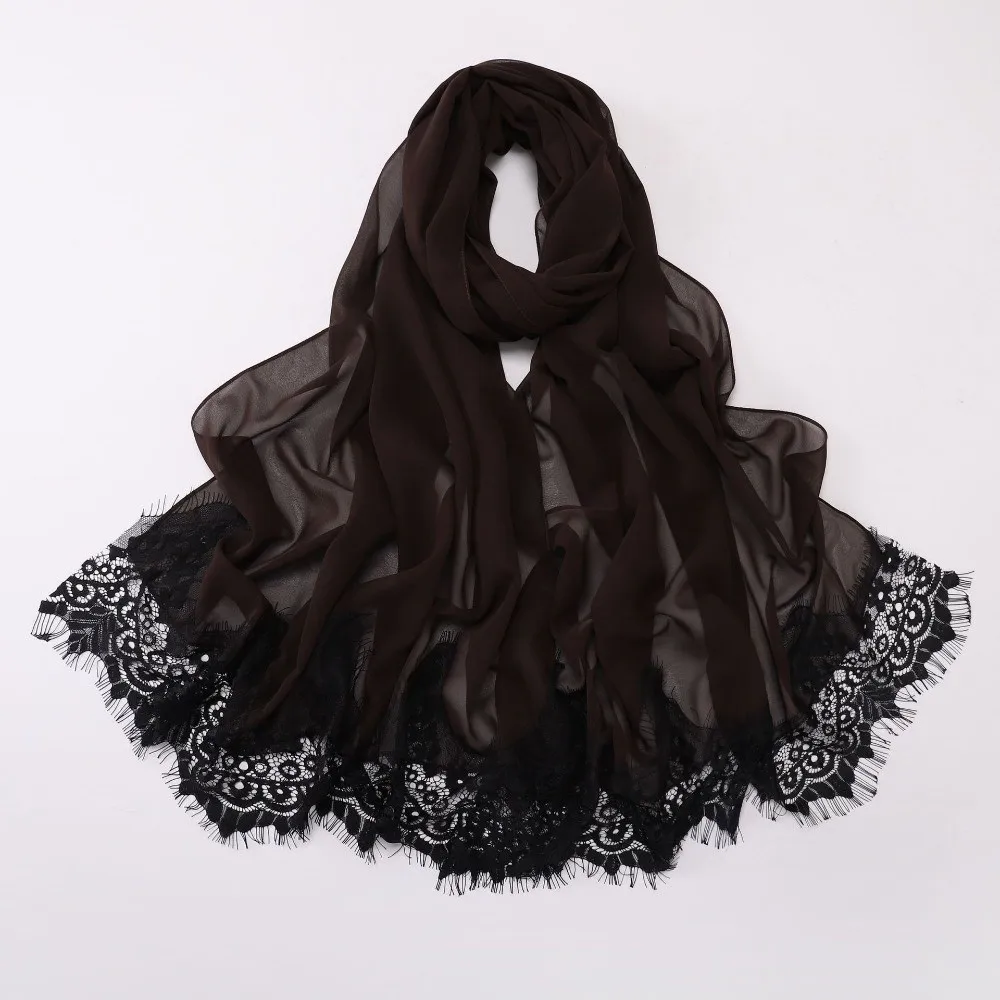 Soft Pearl Chiffon Long Hijab Eyelash Black Lace Soft Material Lace Edge Scarf Solid Color Islamic Shawl Wrap Daily Wear