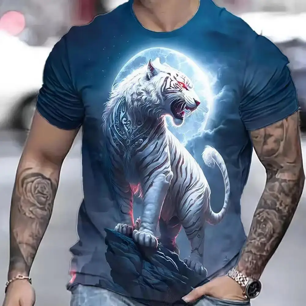 Men's Mystic Moon White Tiger 3D All Over Print Graphic T-Shirt Summer O-neck Short Sleeve Animal Graphic Casual Streetwear Tops