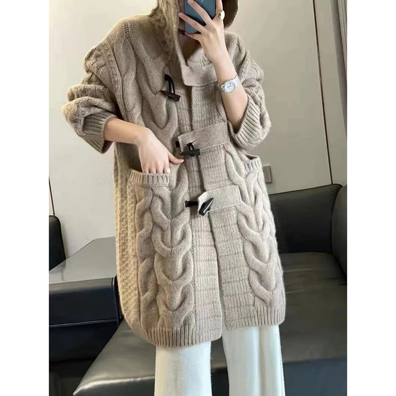 Woman 100% Pure Wool Cashmere Sweater Hooded Collar Long-style Cardigan Knit Tops Autumn Winter Warmth Thick Horn Button Outwear