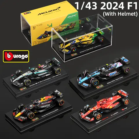 Bburago 1:43 2024 F1 Model With Helmet Alloy Miniature Diecast Formula Racing Car Toy MCL38 W15 SF24 RB20 A524