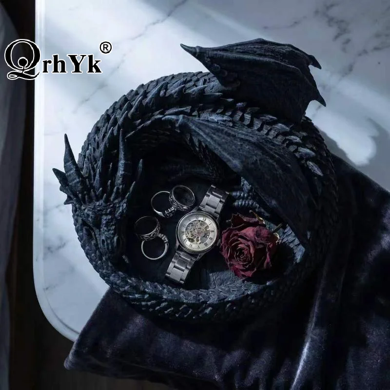Gothic Dragon Guardian Jewelry Tray 3D Printed Coiled Dragon Figurine Storage Decor Holder For Tabletop Key Ring Trinket Displa