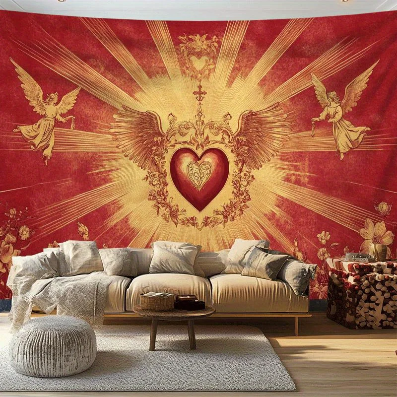 Sacred Heart Tapestry, Vintage Religious Angel Wall Hanging, Red Boho Decor for Living Room Bedroom Dorm