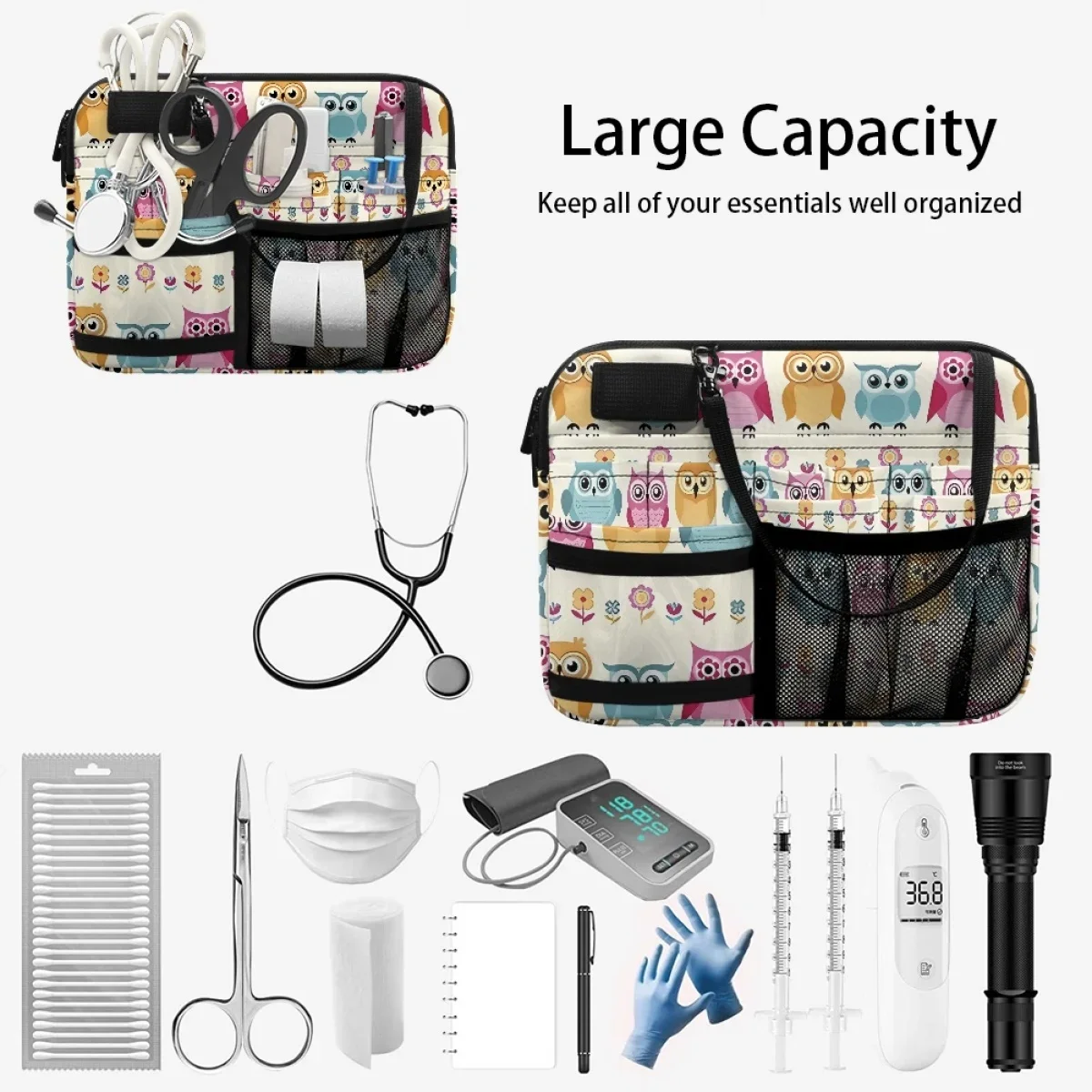 Portaherramientas médico multibolsillo, práctico bolso de cintura multifuncional para enfermera, bonito organizador con estampado de búho, bolsa para trasero, envío directo