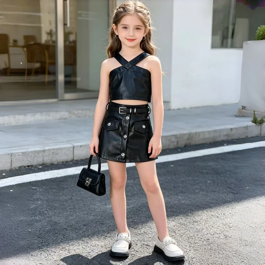 2025 sommer Kinder Mädchen Kleidung Silbrig PU Leder Weste + Rock 2 stücke Set Mode Kinder Kleidung Ärmellose Anzug für Mädchen 1-6Yrs