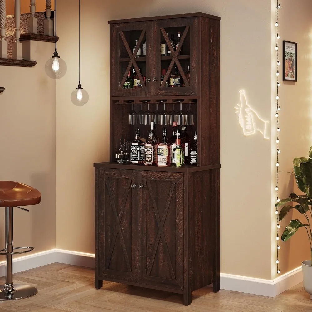 

Farmhouse Bar Cabinet, 67" Tall Wine Bar Cabinet with for Wine Glass Rack, Home Bar Cabinet with Open Storage Shelves ＆ Glass D