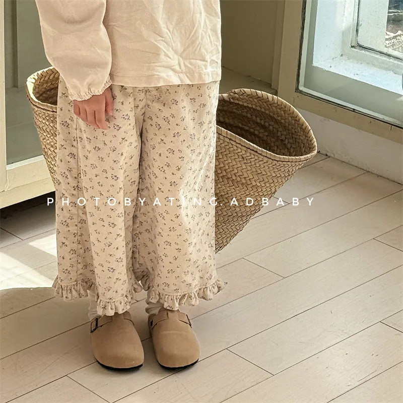 2025 Autumn Girls Corduroy Pants Korean-style Children's Print Casual Pants Cotton Ruffles Girls Ankle-length Loose Trousers