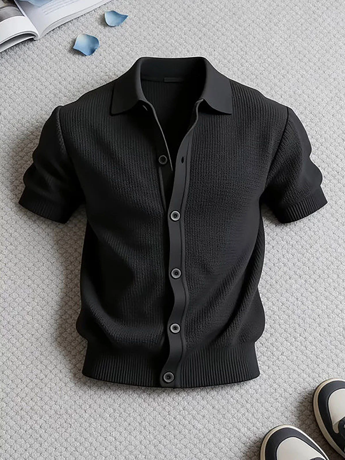 Elegant Black Knitted Short Sleeve Men's Shirt Summer Luxury Style Cleanfit Half Sleeve T-Shirt Open Cardigan for Youth Daily...