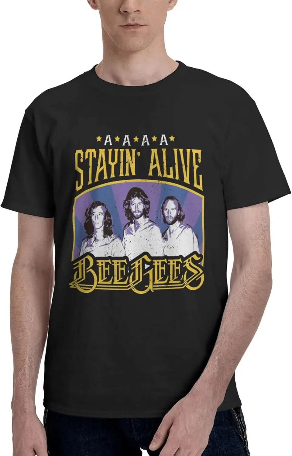 تي شيرت رجالي مطبوع ثلاثي الأبعاد خفيف الوزن DIY Bee Band Gees Stayin Alive برقبة دائرية وأكمام قصيرة قميص أسود