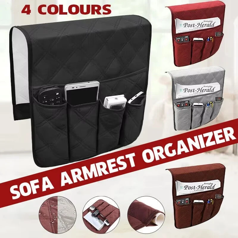 Sofa Armrest Organizer Featuring Five Pockets And A Cup Holder Tray: A Hanging Storage Bag For TV Remote Controls And Cellphones