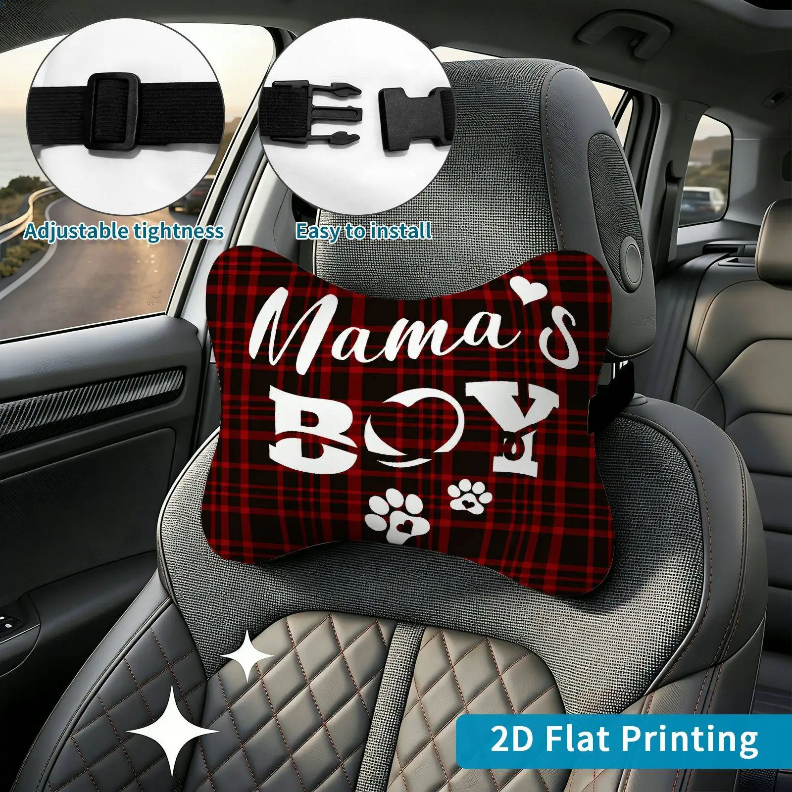 2pcs Pet Paw Plaid Car Seat Headrest, Neck Support Cushion, Suitable For All Seasons Of Car Additions, Pawprint Theme, Travel Ne