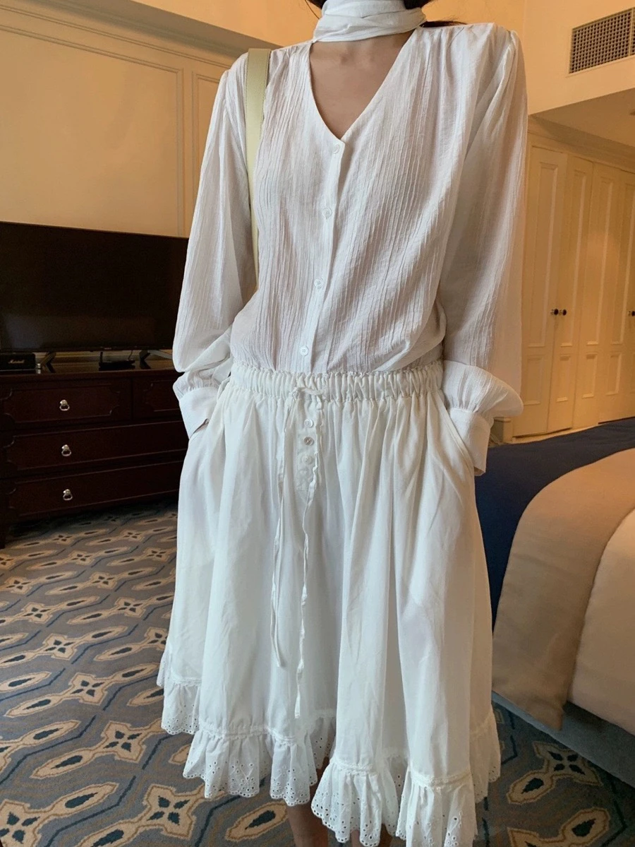 エレサマー新作スリット入りゆったりウエスト薄手透け感スカートセット レディースプレミアムファッション無地お尻...