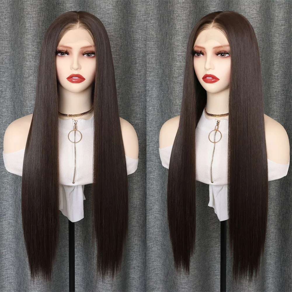 Straight 26 inches 13x4 Lace Front Wigs Center Parting Black brown Glueless Wigs synthetic wig For Women Frontal Lace Wig