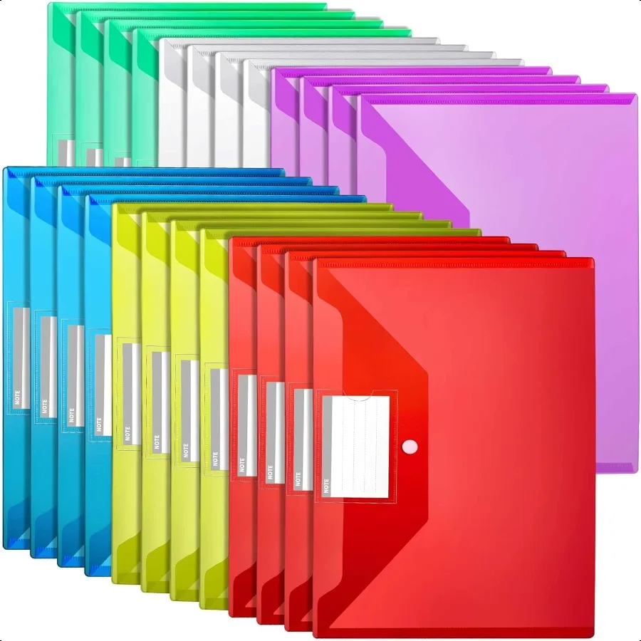 

Plastic File Folders with Pocket 24PCS Plastic Envelopes with Snap Closure Folders for Documents Reusable File Bags A4 Size