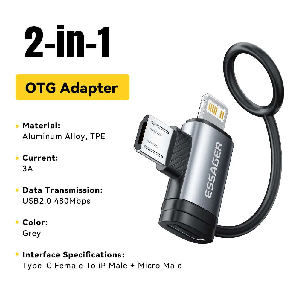 Essager 2-in-1 Lightning/Micro-USB-Adapter Schnelllade-USB-Typ-C-Buchse für iPhone 17/16/15/14/13 iPad-Konverter
