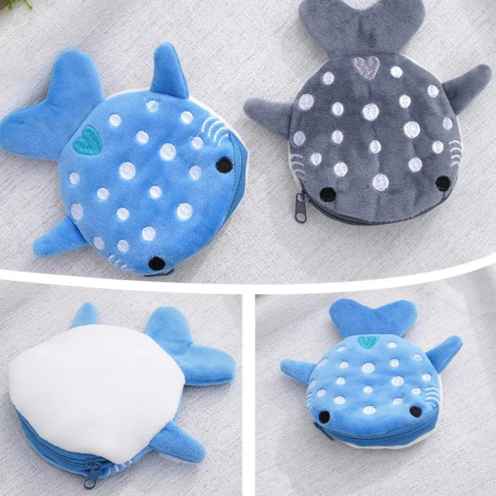 Cartoon Shark Coin Purse Soft Plush Zipper Small Wallet For Kids Women Kawaii Data Cables Earphones Lipsticks Storage Bag Z6G3