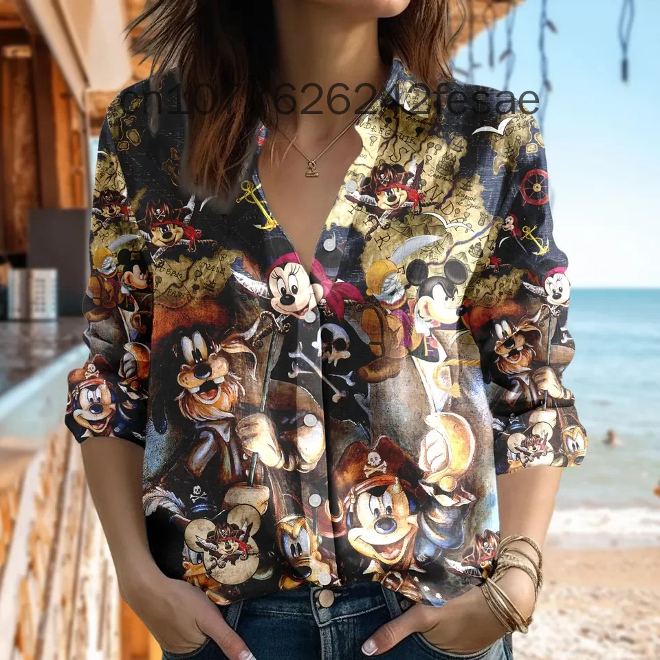 Disney Mickey Mouse Pirate Women Casual Shirt Fashion Spring And Autumn Long Sleeve Casual Shirt Autumn Elegant Shirt