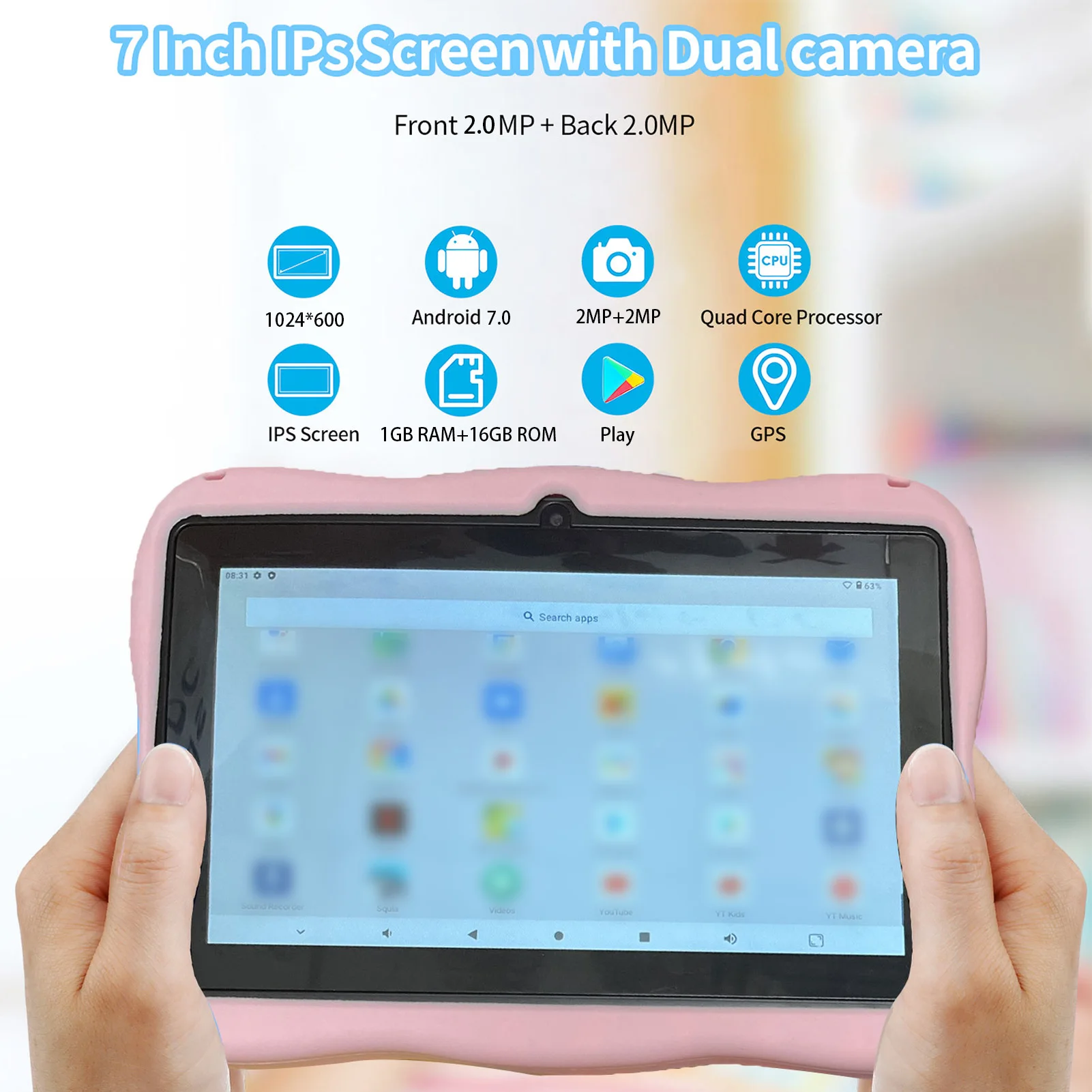 Crianças tablet tela de exibição hd de 7 polegadas para android 7.0 armazenamento 1 + 16g e câmera dupla 200w máquina de aprendizagem educacional precoce para