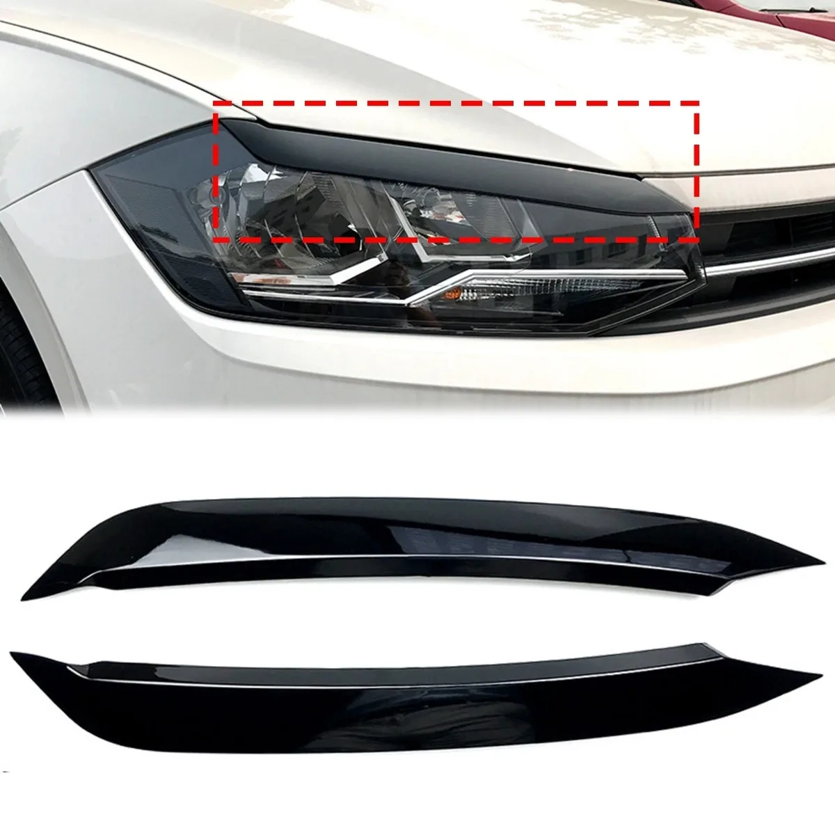 LH+RH Car Front Headlight Eyelids Eyebrow Cover Trim Stickers Cover Carbon Look/Glossy Black For Volkswagen Polo MK6 2019+ 2020