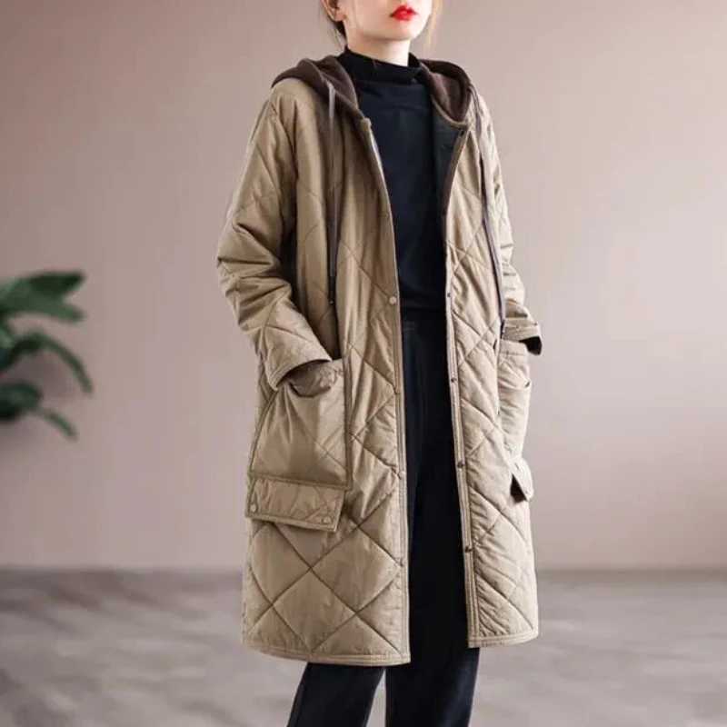 

Thiened Mid-Length Hooded Jaet Women's Splicing Cotton Coat Faionable Simple Diamond Pattern Lightweight Autumn Winter ...