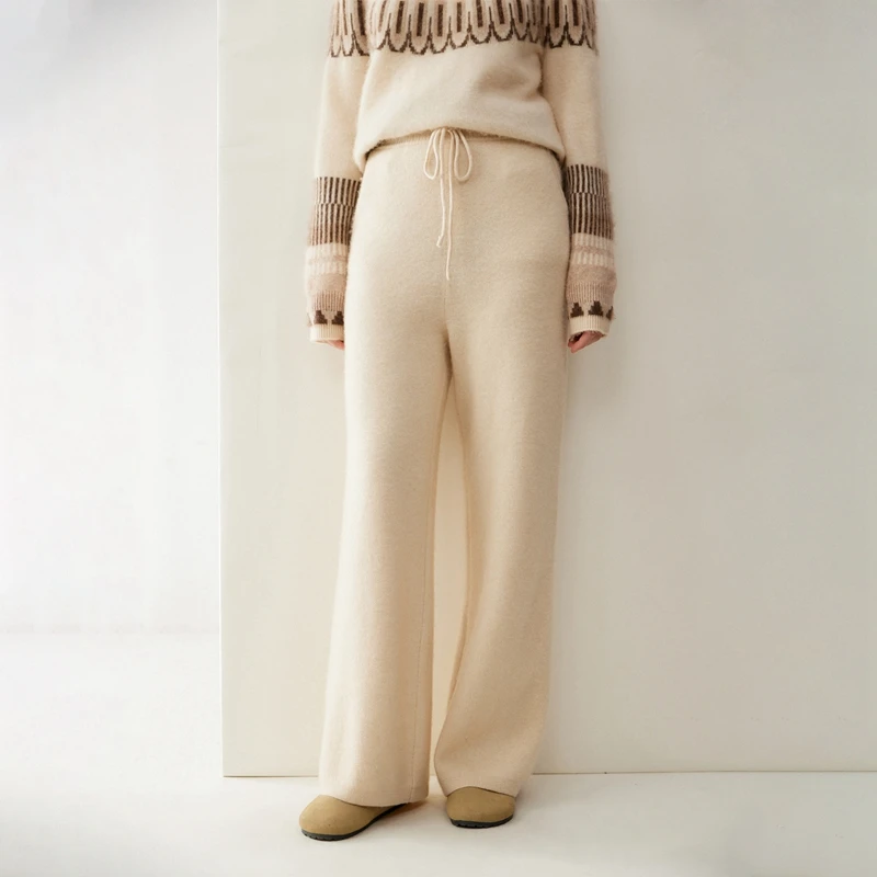 Women Cashmere Pants 100% Pure Cashmere Knitted Wide Leg Pant 2025 Winter Long Trousers Pure Woolen Female Loose Pant NF A12