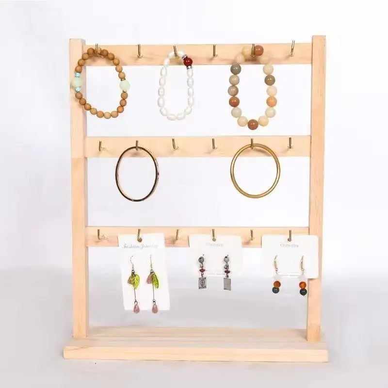 

1pc 4-Tier Jewelry Display Portable Table Display Stand Holder Solid Wood Necklace Hook Display Stand Multi-Layer Storage Rack