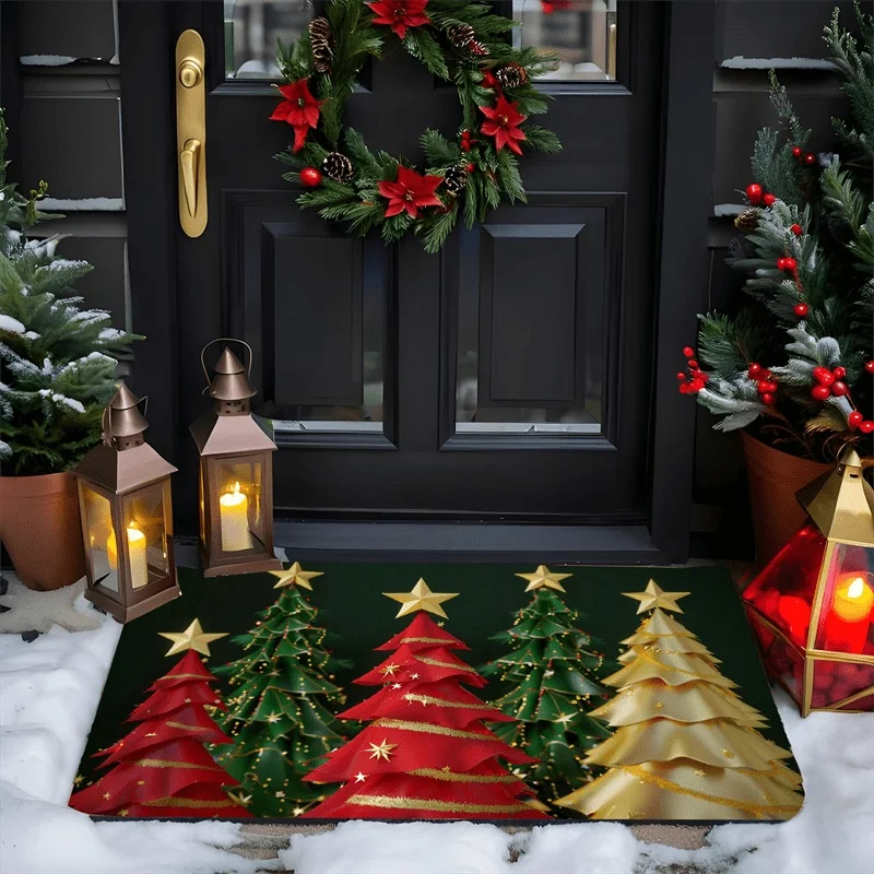Leopard Print Christmas Tree HO HO HO Doormat, Santa Hat Printed Floor Mat, Front Door Xmas Home Decor