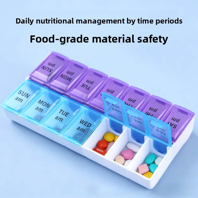 Portable Travel Pill Organizer 7-Day Compartmented Storage Box 14 Compartments Pill Dispenser Tablets Vitamin Airtight Container